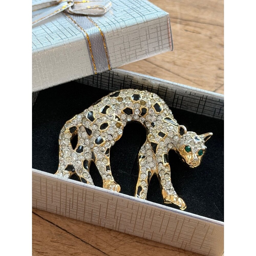 Gold-Tone Leopard Brooch With Crystal Rhinestone & Green Gem Accents In Gift Box